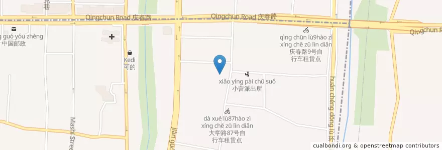 Mapa de ubicacion de 大学路91-1号自行车租赁点 en China, Zhejiang, Hangzhou City, Shangcheng District, 小营街道.