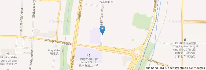 Mapa de ubicacion de 大学路高官弄口自行车租赁点 en 中国, 浙江省, 杭州市, 上城区, 小营街道.