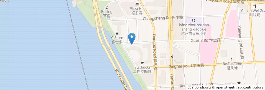 Mapa de ubicacion de 学士路92号自行车租赁点 en 中国, 浙江省, 杭州市, 上城区, 湖滨街道.