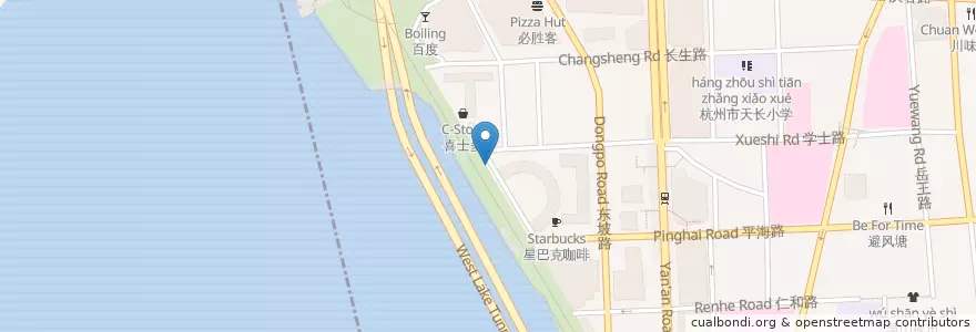 Mapa de ubicacion de 学士路西自行车租赁点 en China, Zhejiang, Hangzhou City, Shangcheng District, 湖滨街道.