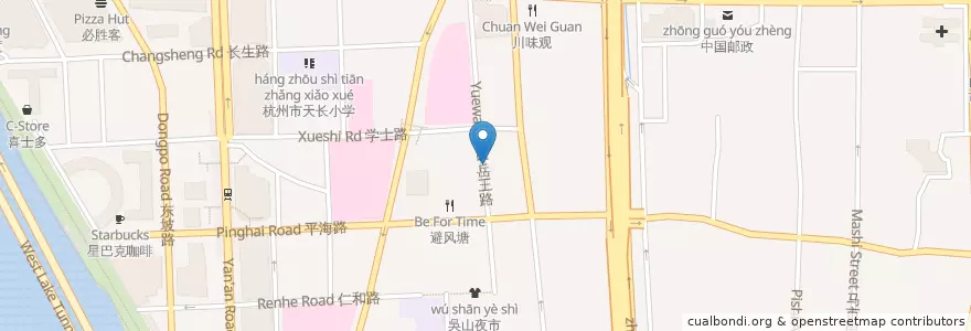 Mapa de ubicacion de 岳王路27号自行车租赁点 en Çin, Zhejiang, Hangzhou, 上城区, 湖滨街道.