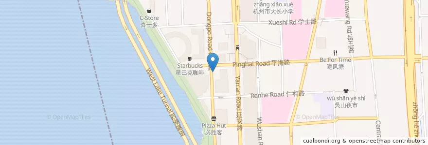 Mapa de ubicacion de 平海路西自行车租赁点 en چین, چجیانگ, هانگژو, 上城区, 湖滨街道.