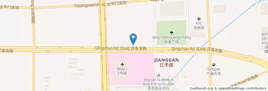 Mapa de ubicacion de 庆春东路北秋涛路口自行车租赁点 en 中国, 浙江省, 杭州市, 江干区.