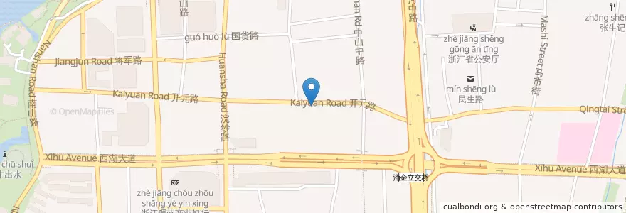Mapa de ubicacion de 开元路比胜庙巷口自行车租赁点 en Çin, Zhejiang, Hangzhou, 上城区, 湖滨街道.
