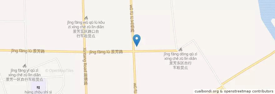 Mapa de ubicacion de 景芳路景东路口东北角自行车租赁点 en 中国, 浙江省, 杭州市, 江干区, 凯旋街道, 四季青街道.