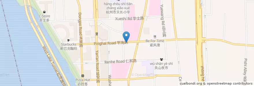 Mapa de ubicacion de 板桥路口自行车租赁点 en Çin, Zhejiang, Hangzhou, 上城区, 湖滨街道.