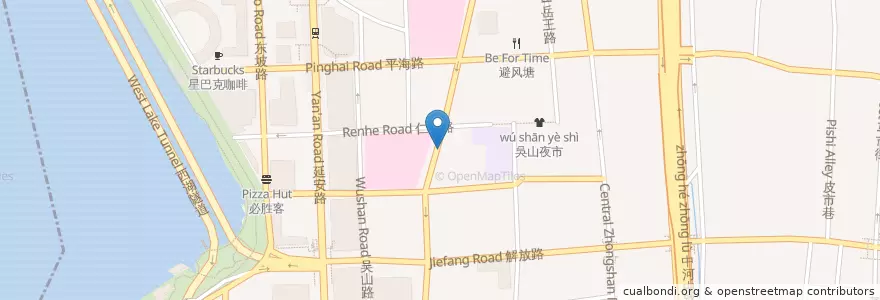 Mapa de ubicacion de 浣纱路200号自行车租赁点 en 中国, 浙江省, 杭州市, 上城区, 湖滨街道.