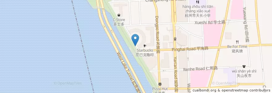 Mapa de ubicacion de 湖滨路三公园自行车租赁点 en چین, چجیانگ, هانگژو, 上城区, 湖滨街道.