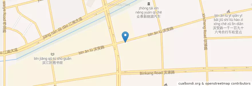 Mapa de ubicacion de 滨安路火炬大道口东南自行车租赁点 en China, Zhejiang, Hangzhou, Binjiang, 浦沿街道.