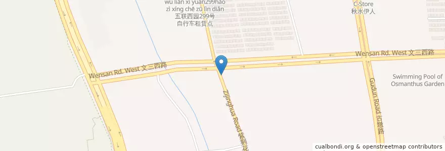 Mapa de ubicacion de 紫荆花路文三西路口东南自行车租赁点 en Çin, Zhejiang, Hangzhou, 西湖区.