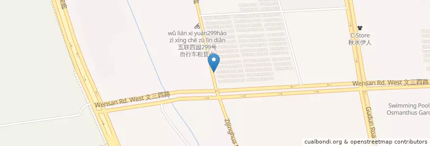 Mapa de ubicacion de 紫荆花路文三西路口自行车租赁点 en 中国, 浙江省, 杭州市, 西湖区.