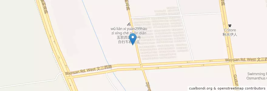 Mapa de ubicacion de 紫荆花路文三西路口西北自行车租赁点 en 中国, 浙江省, 杭州市, 西湖区.