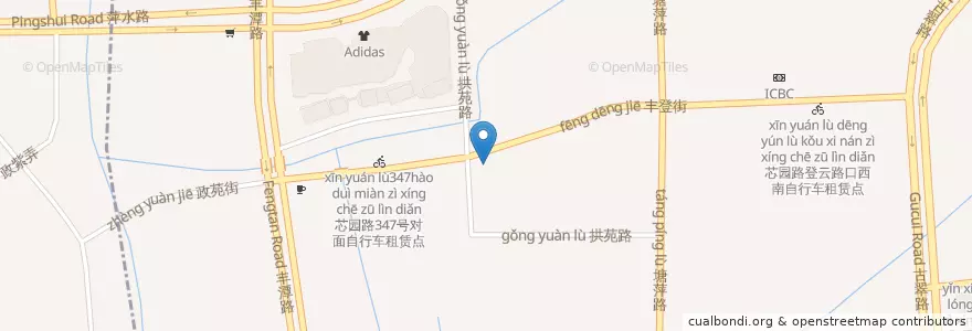 Mapa de ubicacion de 芯园路拱苑15幢自行车租赁点 en 中国, 浙江省, 杭州市, 拱墅区, 祥符街道.
