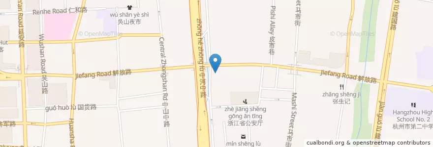 Mapa de ubicacion de 解放路中河路口自行车租赁点 en 中国, 浙江省, 杭州市, 上城区, 小营街道.