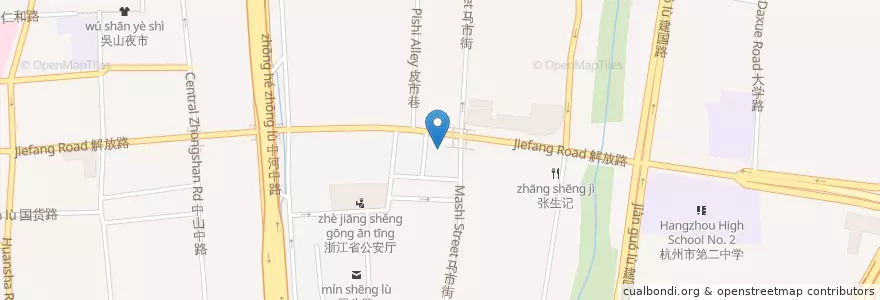 Mapa de ubicacion de 解放路佑圣观路口自行车租赁点 en 中国, 浙江省, 杭州市, 上城区, 小营街道.