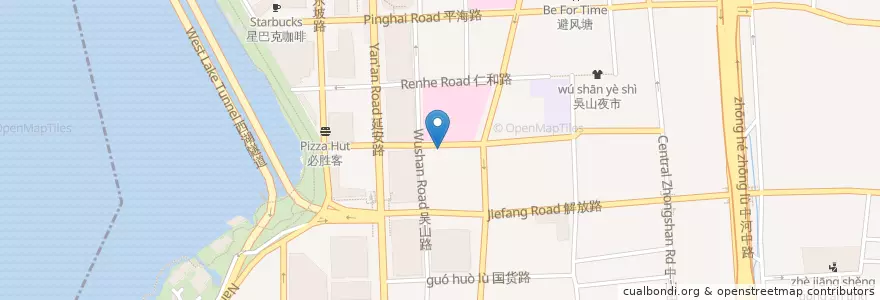 Mapa de ubicacion de 解放路北自行车租赁点 en China, Zhejiang, Hangzhou City, Shangcheng District, 湖滨街道.