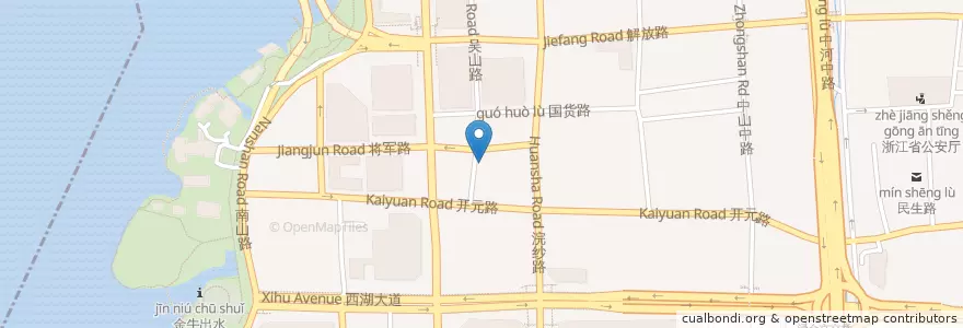 Mapa de ubicacion de 鉴衡里11号对面自行车租赁点 en China, Zhejiang, Hangzhou, Shangcheng, 湖滨街道.