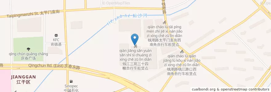 Mapa de ubicacion de 钱江三苑三十四幢自行车租赁点 en 中国, 浙江省, 杭州市, 江干区, 四季青街道.