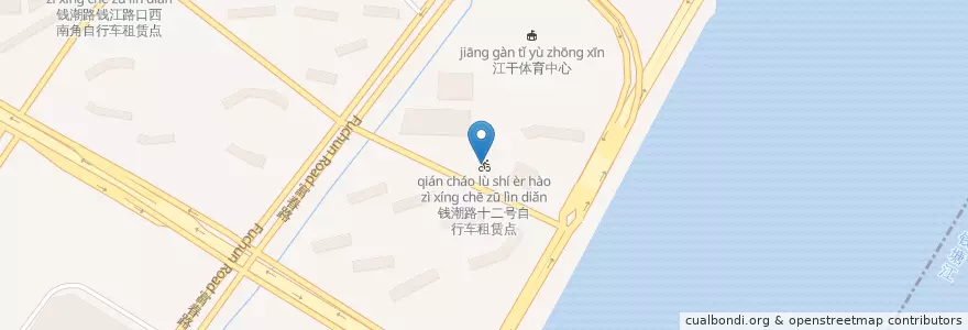 Mapa de ubicacion de 钱潮路十二号自行车租赁点 en China, Zhejiang, Hangzhou, Jianggan, 四季青街道.