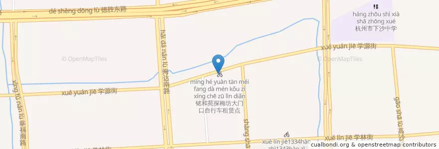 Mapa de ubicacion de 铭和苑探梅坊大门口自行车租赁点 en 中国, 浙江省, 杭州市, 钱塘新区, 下沙街道.