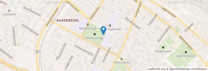 Mapa de ubicacion de Quartierzentrum Bäckeranlage en Schweiz/Suisse/Svizzera/Svizra, Zürich, Bezirk Zürich, Zürich.
