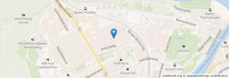 Mapa de ubicacion de Eurest / Restaurant Arena en スイス, Aargau, Bezirk Baden, Baden.