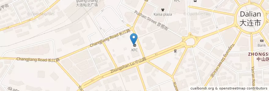 Mapa de ubicacion de KFC en چین, لیائونینگ, 中山区, 大连市, 青泥洼桥街道.