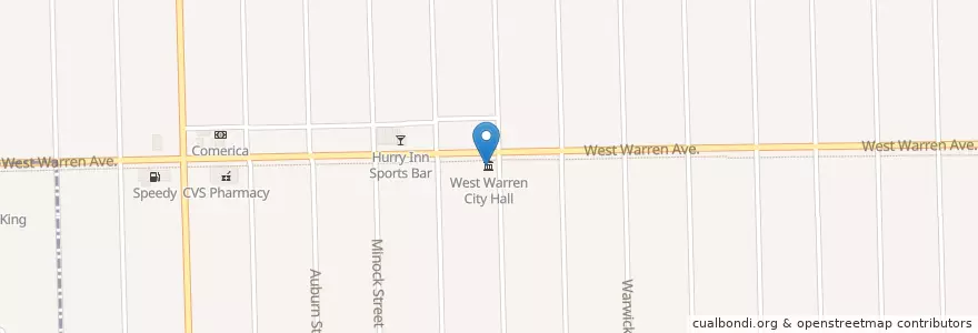 Mapa de ubicacion de West Warren City Hall en Amerika Syarikat, Michigan, Wayne County, Detroit.