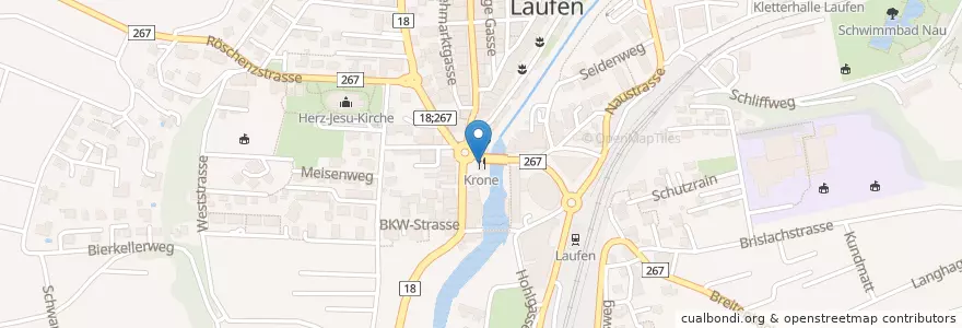 Mapa de ubicacion de Krone en Suiza, Basilea-Campiña, Bezirk Laufen, Laufen.