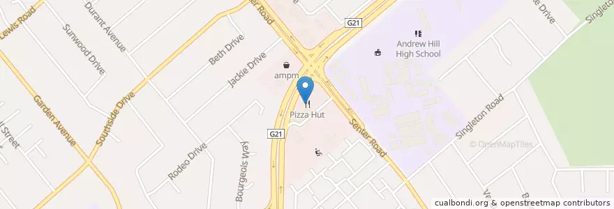 Mapa de ubicacion de Pizza Hut en 美利坚合众国/美利堅合眾國, 加利福尼亚州/加利福尼亞州, 圣克莱拉县, 聖荷西.