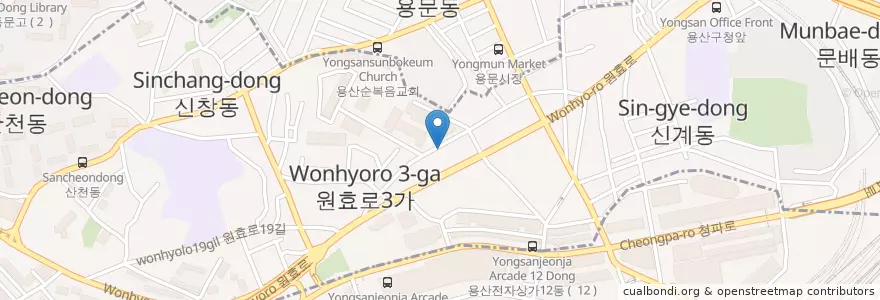 Mapa de ubicacion de 원효로2가치안센터 en Corée Du Sud, Séoul, 용산구, 원효로1동.