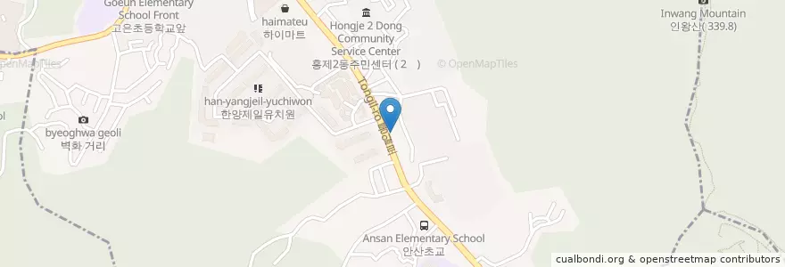 Mapa de ubicacion de 안산치안센터 en Corée Du Sud, Séoul, 서대문구, 홍제2동.