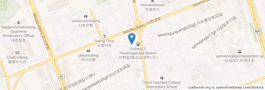 Mapa de ubicacion de 반서치안센터 en Coreia Do Sul, Seul, 서초구, 서초3동, 서초동.