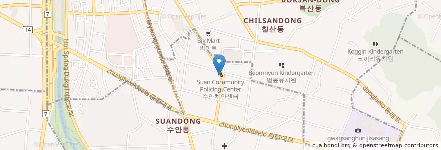 Mapa de ubicacion de 수안치안센터 en Zuid-Korea, Busan, 동래구, 수민동, 복산동.