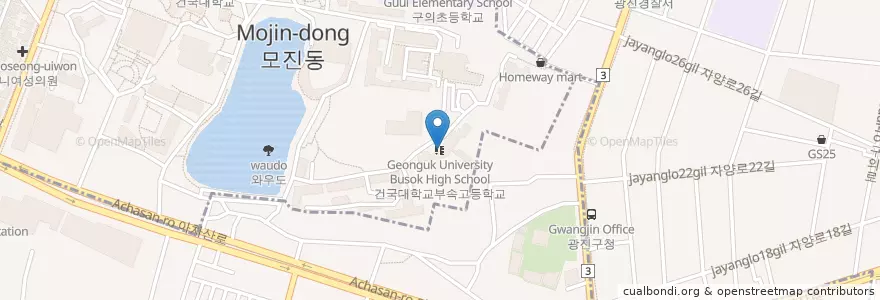 Mapa de ubicacion de 건국대학교부속고등학교 en Südkorea, Seoul, 광진구, 자양1동.