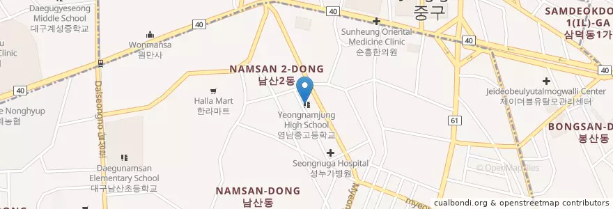 Mapa de ubicacion de 영남중고등학교 en Südkorea, Daegu, Jung-Gu, Namsan-Dong.