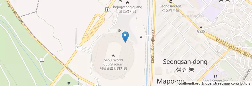 Mapa de ubicacion de メガボックス 上岩 en 大韓民国, ソウル, 麻浦区, 上岩洞, 城山2洞.