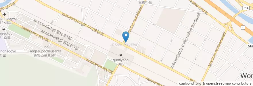 Mapa de ubicacion de 중앙소극장 en Coreia Do Sul, Gyeongsang Do Norte, 구미시.