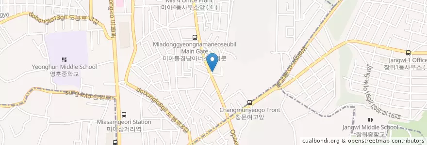 Mapa de ubicacion de 한국양토양록농협 en Korea Selatan, 서울, 강북구, 성북구, 송중동.