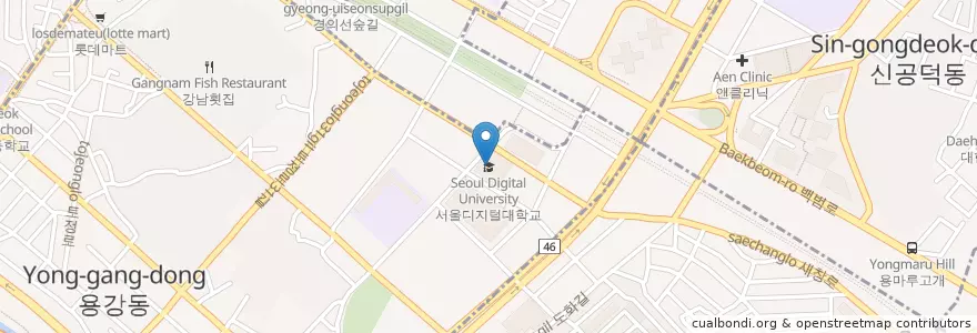 Mapa de ubicacion de 서울디지털대학교 en 대한민국, 서울, 마포구, 용강동.