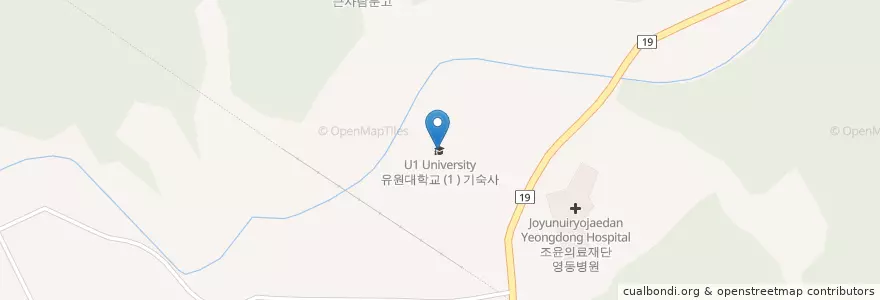 Mapa de ubicacion de 유원대학교 en 大韓民国, 忠清北道, 永同郡.