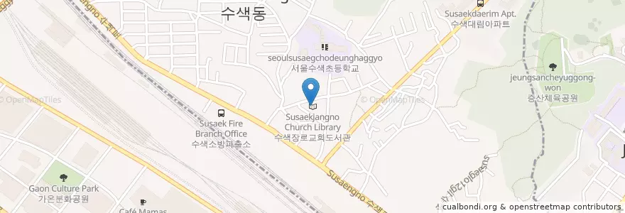 Mapa de ubicacion de 수색장로교회도서관 en 대한민국, 서울, 마포구, 은평구, 수색동.