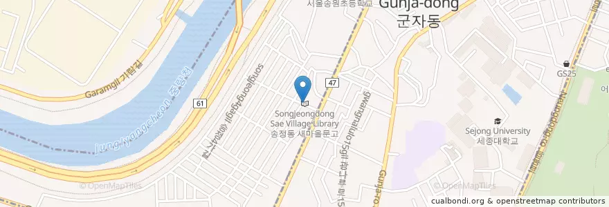Mapa de ubicacion de Songjeongdong Sae Village Library en South Korea, Seoul, Seongdong-Gu, Gwangjin-Gu, Songjeong-Dong.