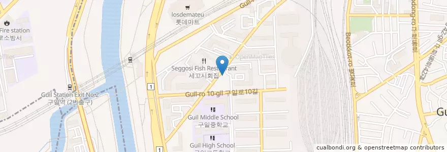 Mapa de ubicacion de 배꼽빠지는도서관 en Korea Selatan, 서울, 구로구, 구로2동, 구로1동.