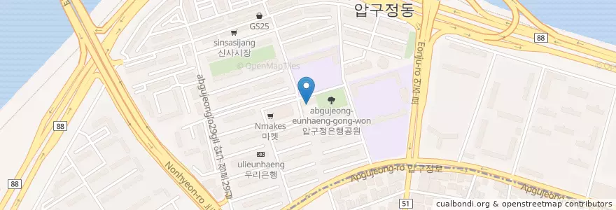 Mapa de ubicacion de 압구정1동문고 en Güney Kore, Seul, 강남구, 압구정동.