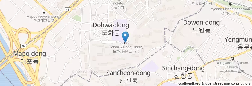 Mapa de ubicacion de 도화2동문고 en 大韓民国, ソウル, 龍山区.