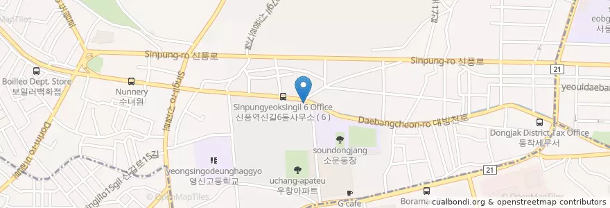 Mapa de ubicacion de 신길6동새마을문고 en کره جنوبی, سئول, 영등포구, 신길6동.