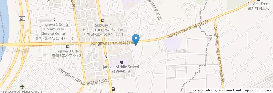 Mapa de ubicacion de Sinbangju Library en South Korea, Seoul, Jungnang-Gu, Junghwa 1(Il)-Dong.