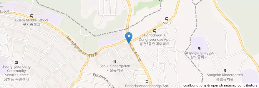 Mapa de ubicacion de 봉천3동문고 en Республика Корея, Сеул, 관악구, 성현동, 청림동.