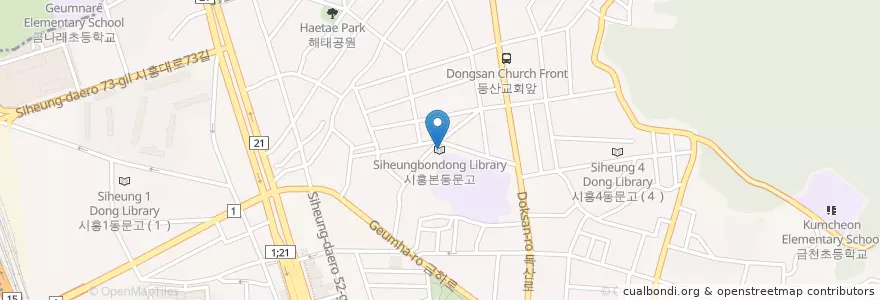 Mapa de ubicacion de Siheungbondong Library en South Korea, Seoul, Geumcheon-Gu, Siheung 1(Il)-Dong.